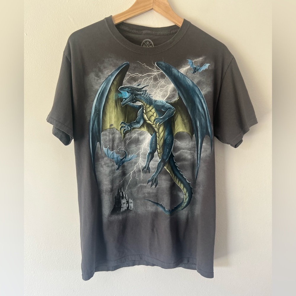 DOM Vintage Y2K‎ Grey Dragon Gothic SciFi Fantasy Crewneck T-Shirt Size Medium